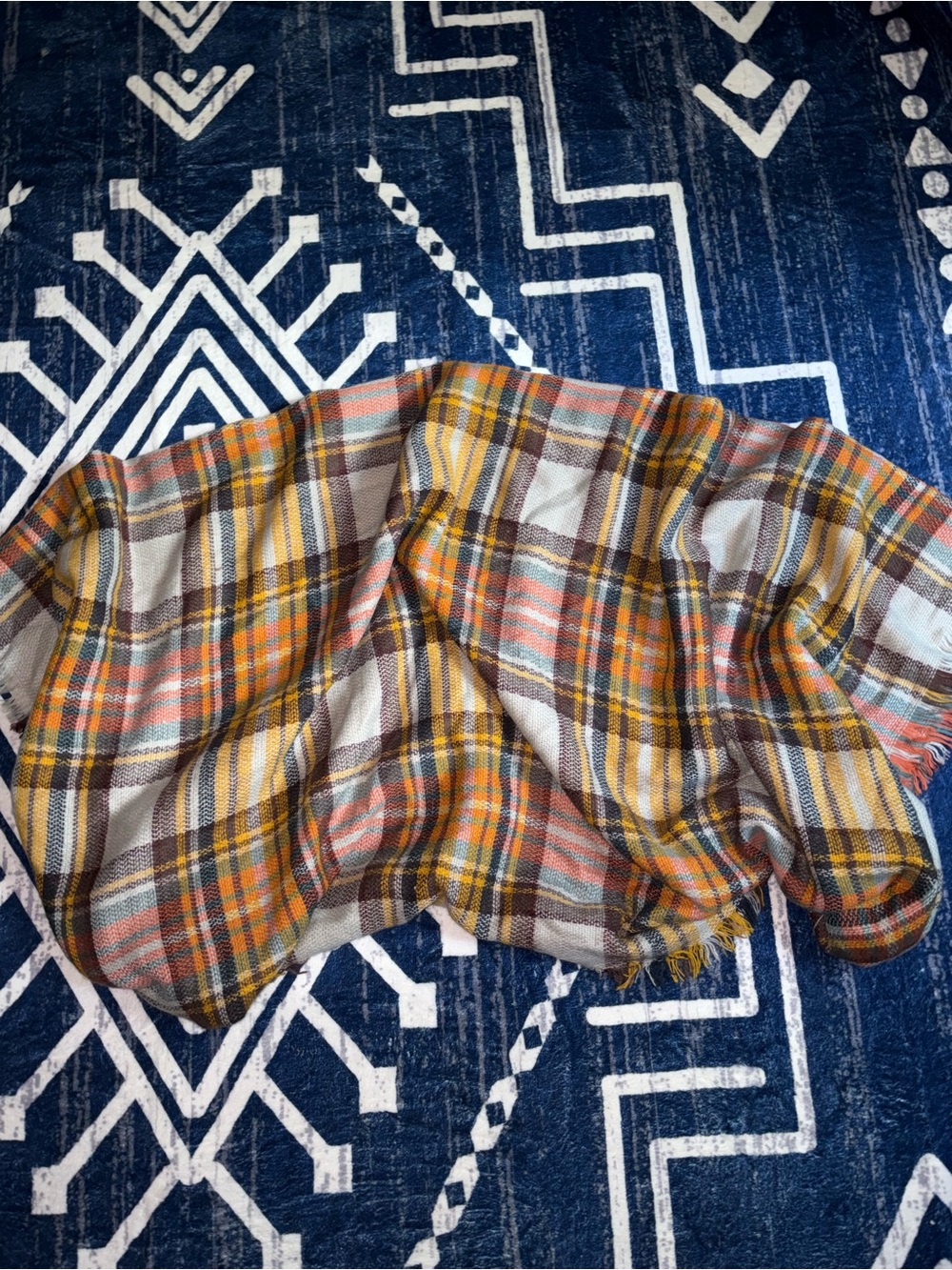 Cozy Plaid Wrap Scarf in Mustard, Orange & Cream 4.5’ x 4.5’